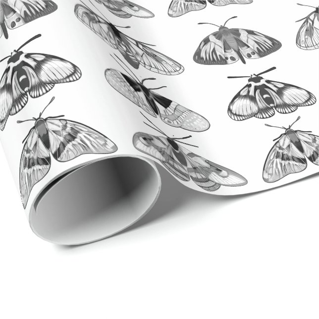 Moths in Grey, Black and White Wrapping Paper (Roll Corner)