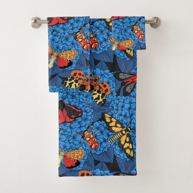 Moths on blue hydrangea bath towel set (Insitu)