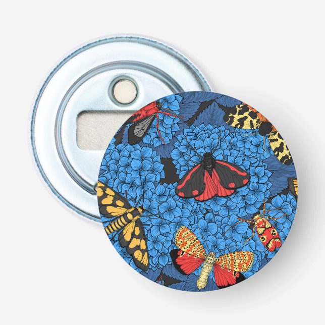 Moths on blue hydrangea bottle opener (Front)
