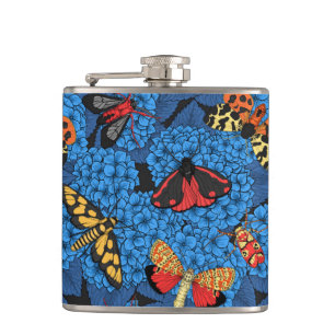 Moths on blue hydrangea hip flask