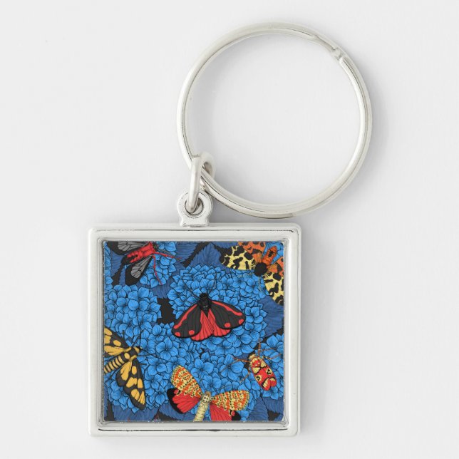 Moths on blue hydrangea key ring (Front)