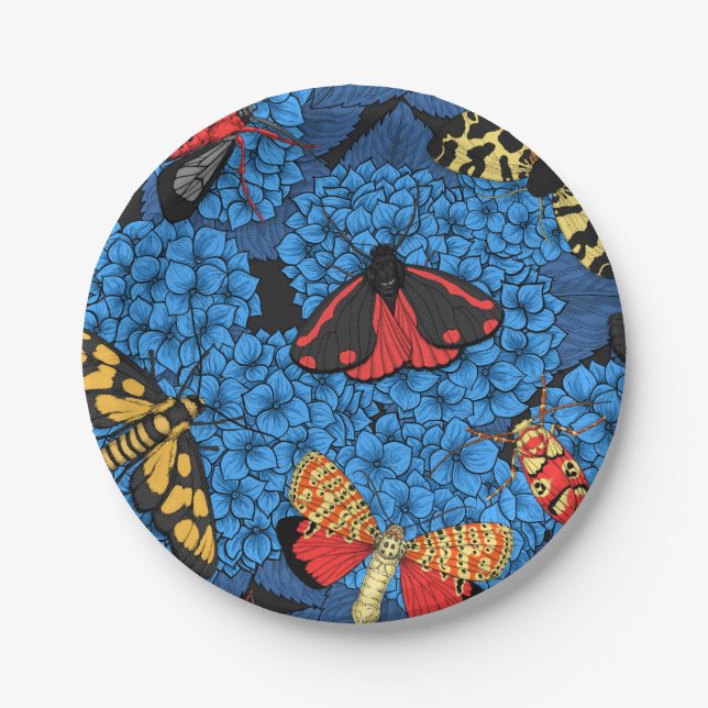 Moths on blue hydrangea paper plate (Front)