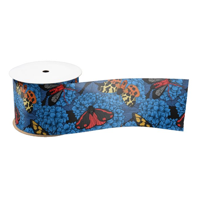 Moths on blue hydrangea satin ribbon (Spool)