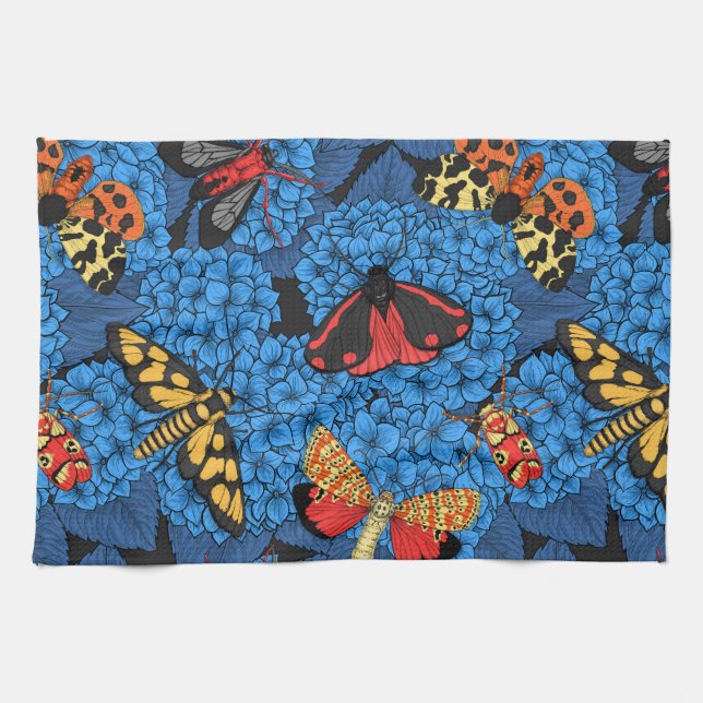 Moths on blue hydrangea tea towel (Horizontal)