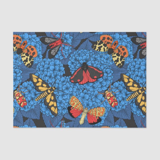Moths on blue hydrangea tissue paper (Front)