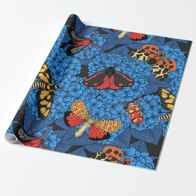 Moths on blue hydrangea wrapping paper (Unrolled)