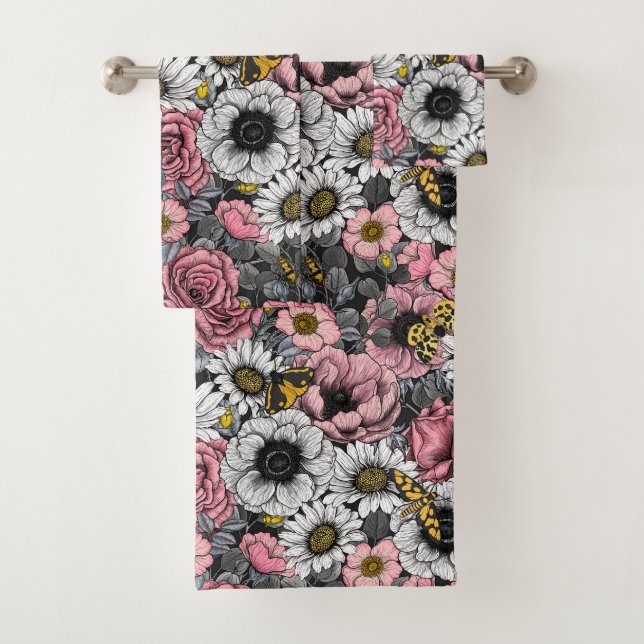 Moths on flower mix in pink and gray bath towel set (Insitu)