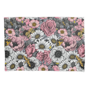 Moths on flower mix in pink and gray pillowcase