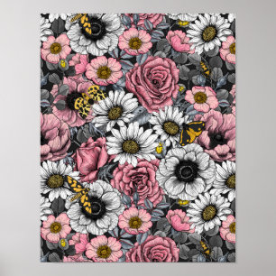 Moths on flower mix in pink and gray poster