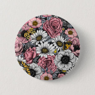 Moths on flower mix in pink and grey 6 cm round badge