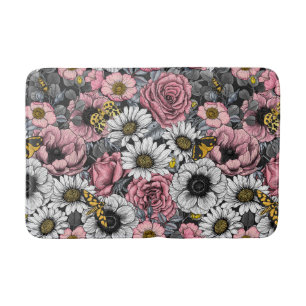 Moths on flower mix in pink and grey bath mat