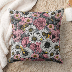 Moths on flower mix in pink and grey cushion