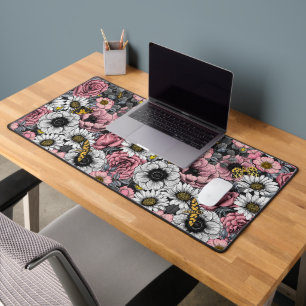 Moths on flower mix in pink and grey desk mat