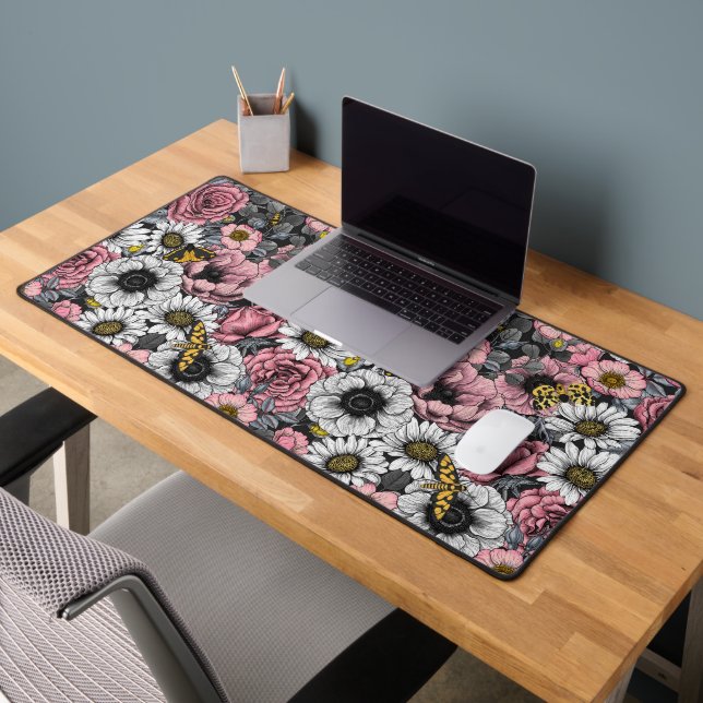 Moths on flower mix in pink and grey desk mat (Office 2)