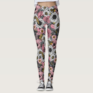 Moths on flower mix in pink and grey leggings