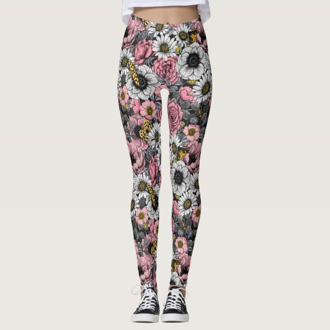 Moths on flower mix in pink and grey leggings (Front)