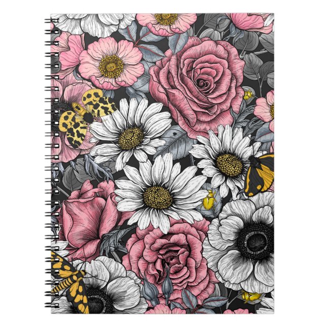 Moths on flower mix in pink and grey notebook (Front)