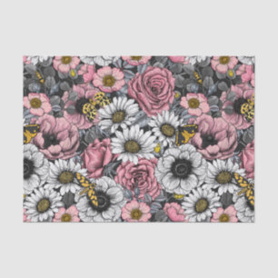Moths on flower mix in pink and grey tissue paper
