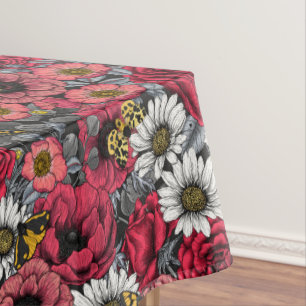 Moths on flower mix in red and gray tablecloth