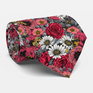 Moths on flower mix in red and gray tie
