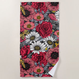 Moths on flower mix in red and grey beach towel