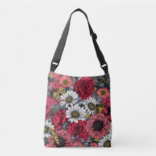 Moths on flower mix in red and grey crossbody bag