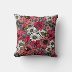 Moths on flower mix in red and grey cushion