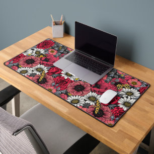 Moths on flower mix in red and grey desk mat