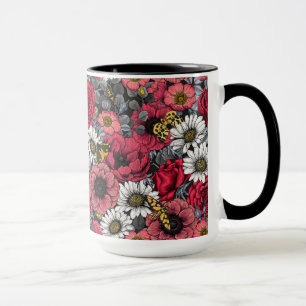 Moths on flower mix in red and grey mug