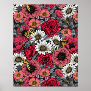 Moths on flower mix in red and grey poster