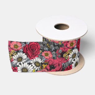 Moths on flower mix in red and grey satin ribbon