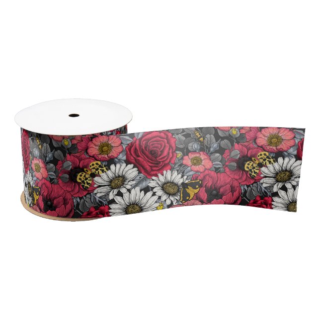 Moths on flower mix in red and grey satin ribbon (Spool)