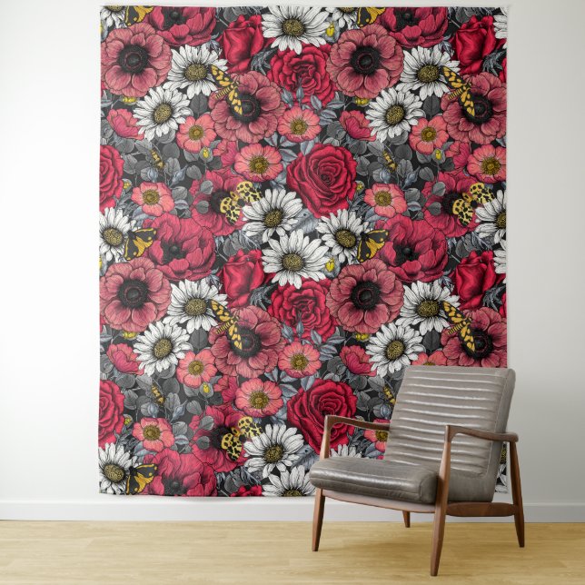 Moths on flower mix in red and grey tapestry (In Situ)