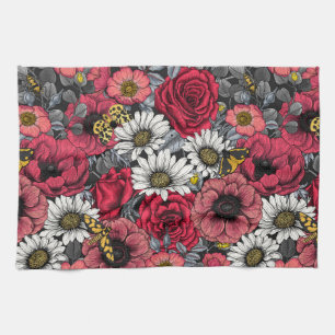 Moths on flower mix in red and grey tea towel