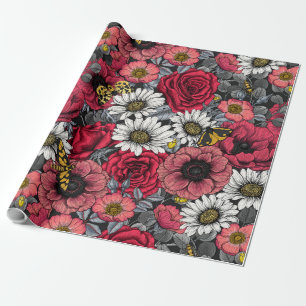 Moths on flower mix in red and grey wrapping paper