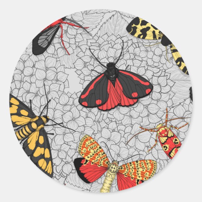 Moths on hydrangea classic round sticker (Front)