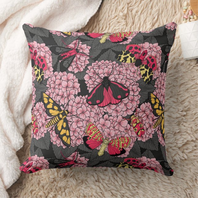 Moths on pink hydrangea cushion (Blanket)