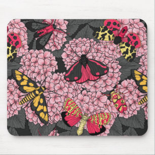 Moths on pink hydrangea mouse mat