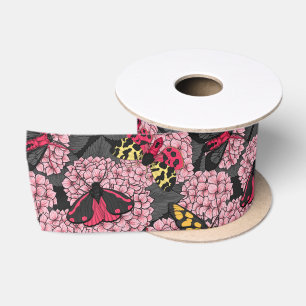 Moths on pink hydrangea satin ribbon
