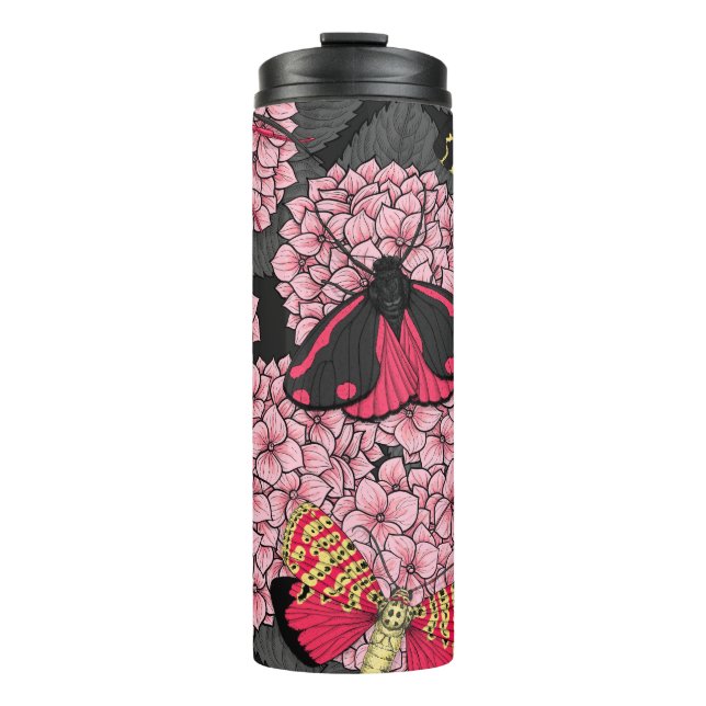Moths on pink hydrangea thermal tumbler (Front)