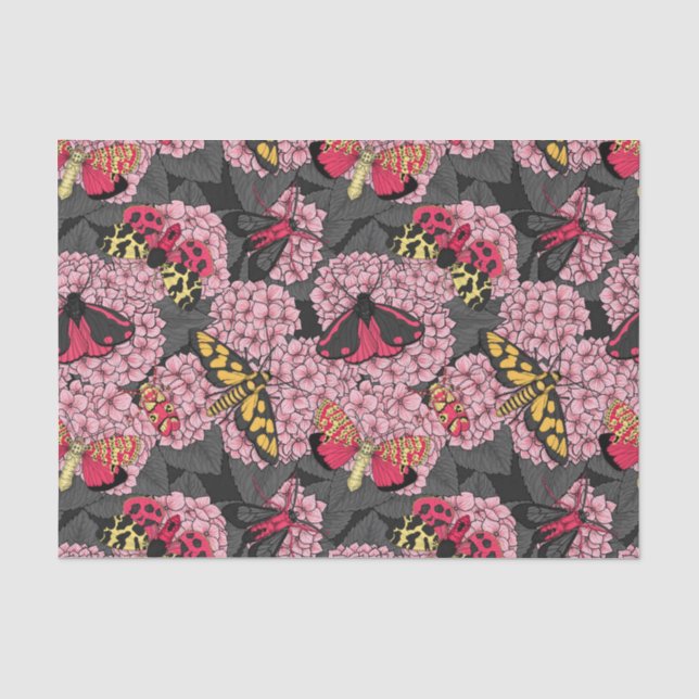 Moths on pink hydrangea tissue paper (Front)