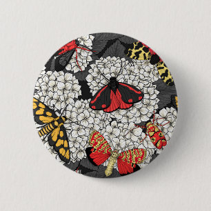 Moths on white hydrangea 6 cm round badge
