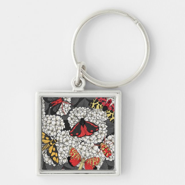 Moths on white hydrangea key ring (Front)