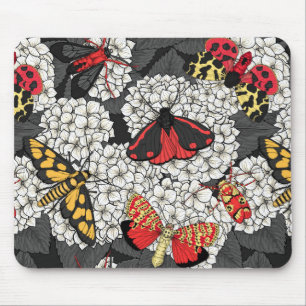 Moths on white hydrangea mouse mat