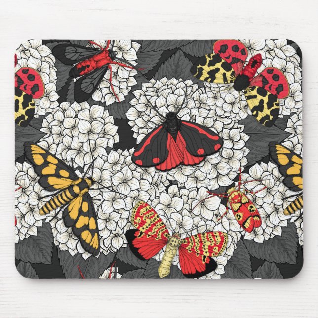 Moths on white hydrangea mouse mat (Front)