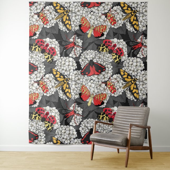 Moths on white hydrangea tapestry (In Situ)