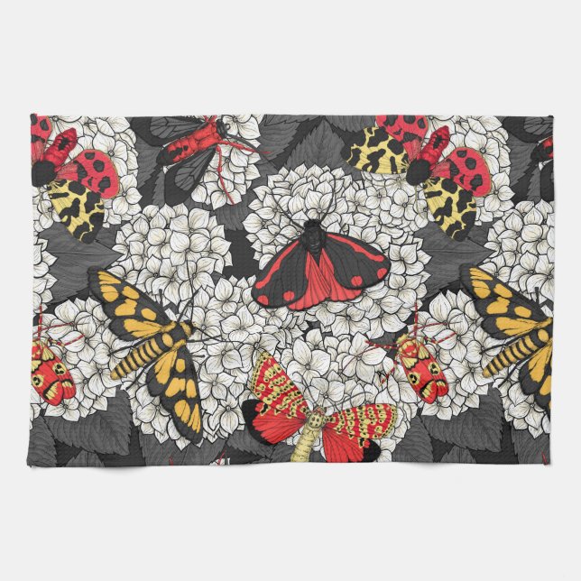 Moths on white hydrangea tea towel (Horizontal)