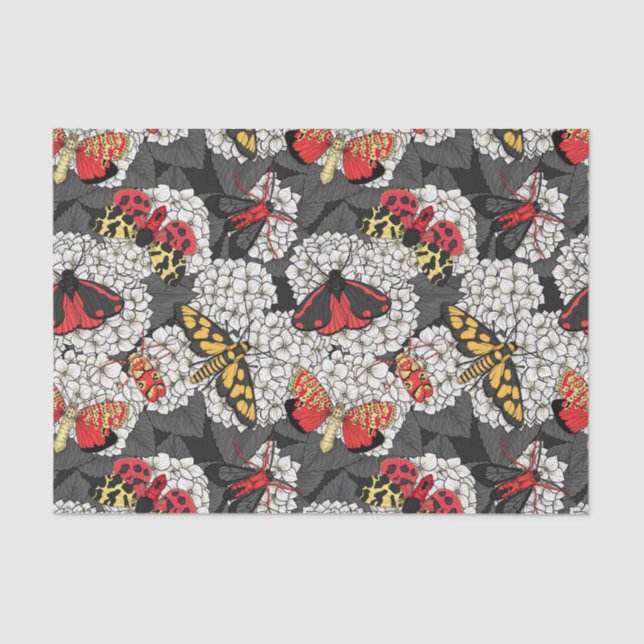 Moths on white hydrangea tissue paper (Front)