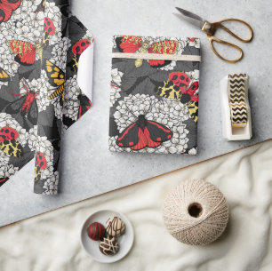 Moths on white hydrangea wrapping paper