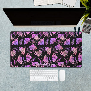 Moths Purple Black Mystical Pattern Custom Name Desk Mat